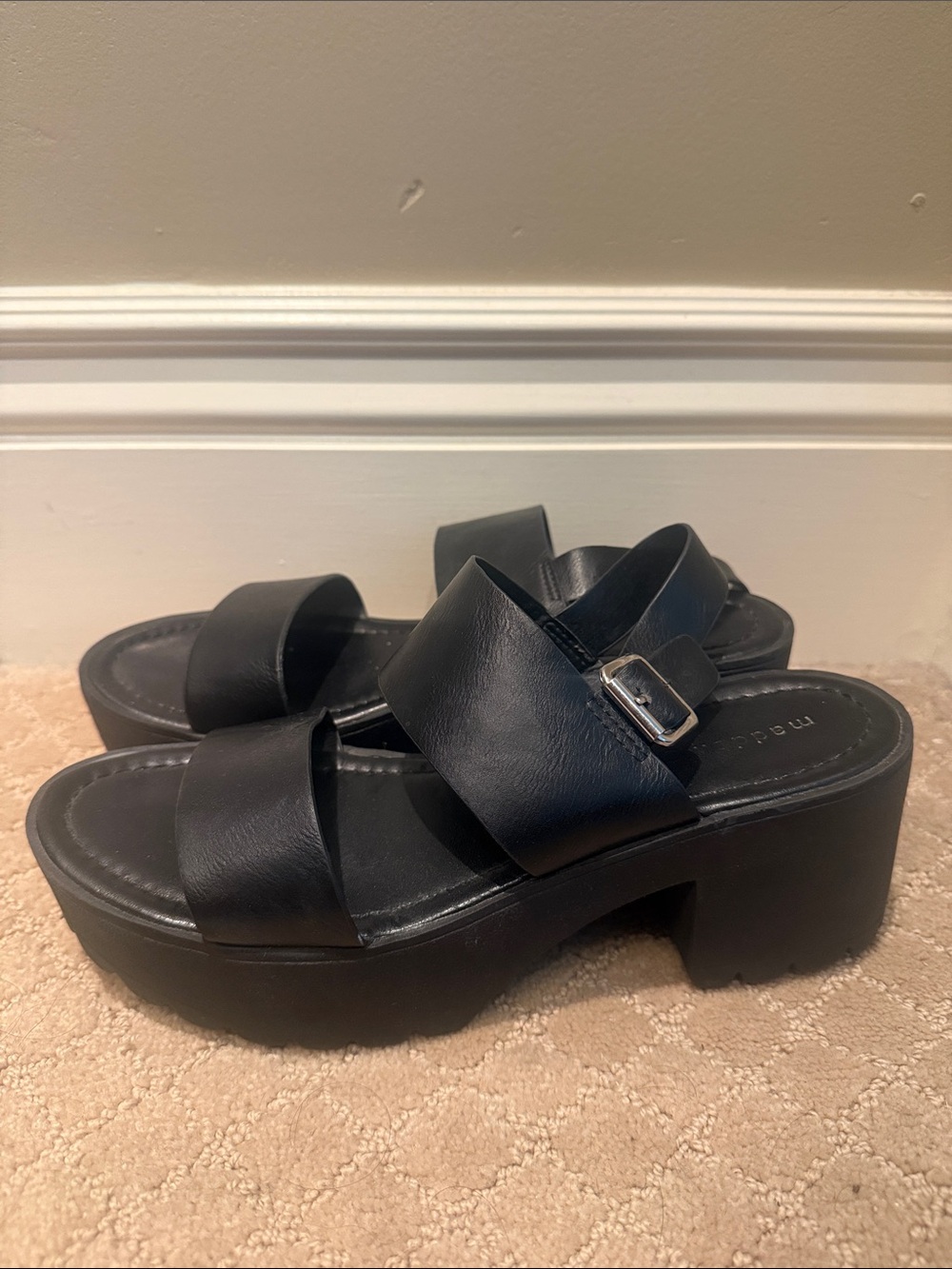 Black Platform Slide Sandals with Buckle Detail